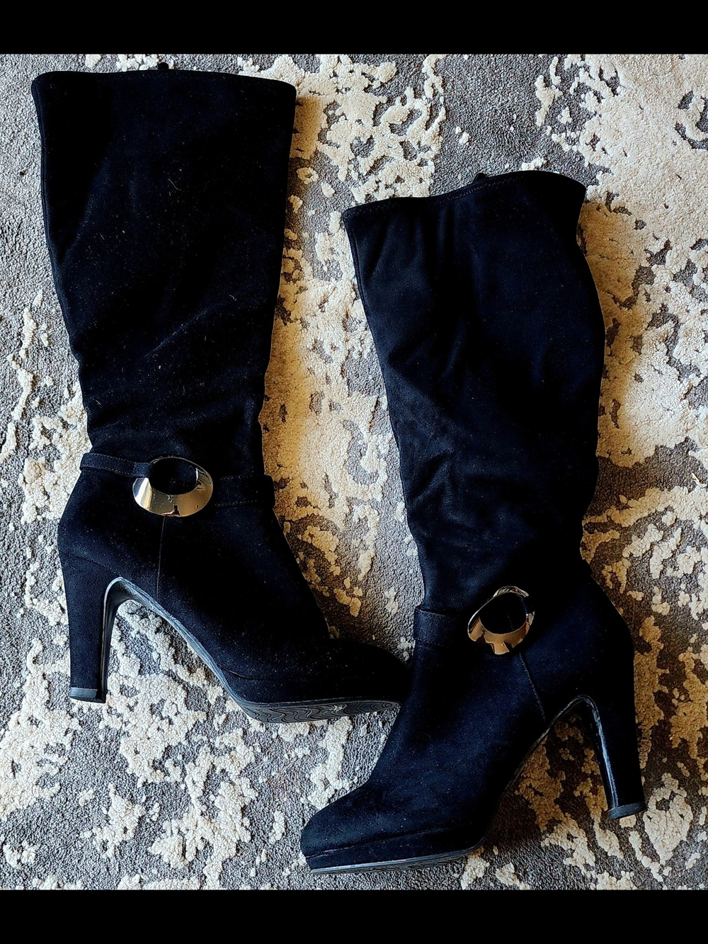 Black Suede Mid-Calf High Heel Boots with Decorative Buckle